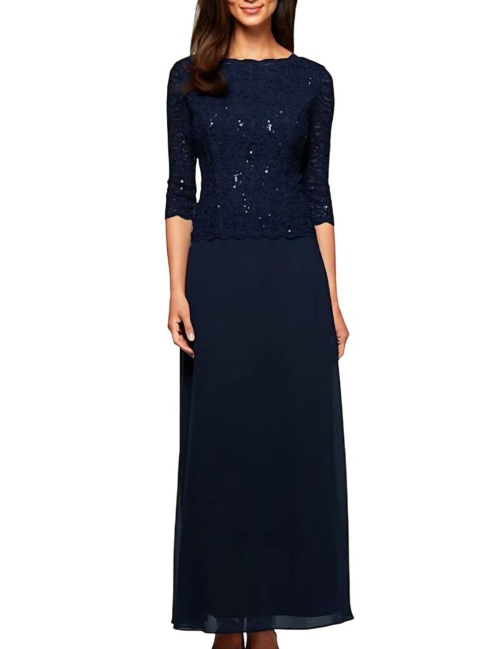 Alex Evenings Sequined Lace Bodice Crewneck 3/4 Sieeve Chiffon Gown Size 8p